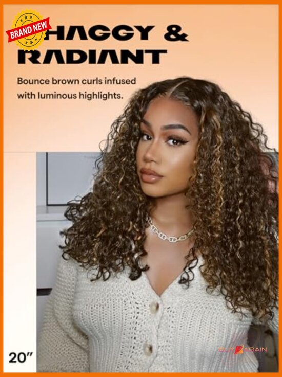 Curly Brown Highlight Lace Front Wig Glueless Pre Plucked Synthetic Hair 20 Inch main image 6